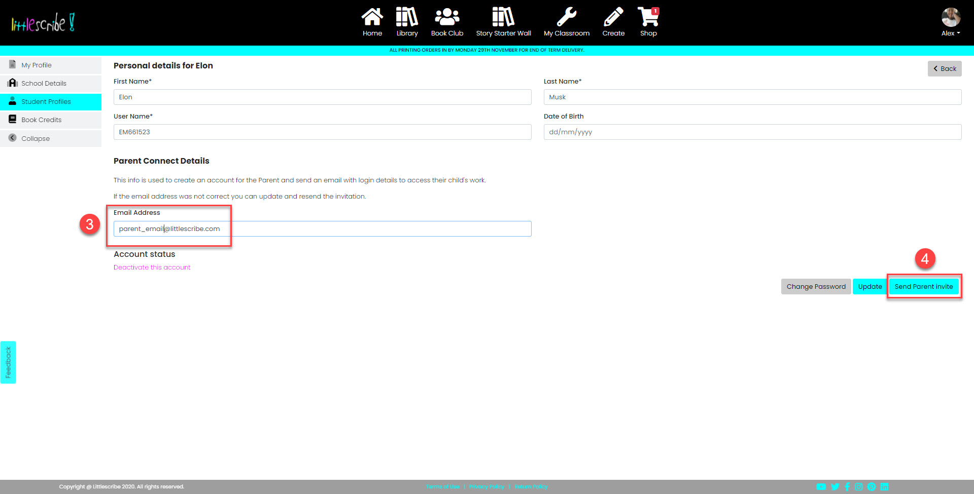 Littlescribe, Steps to add parent email to a student account 02